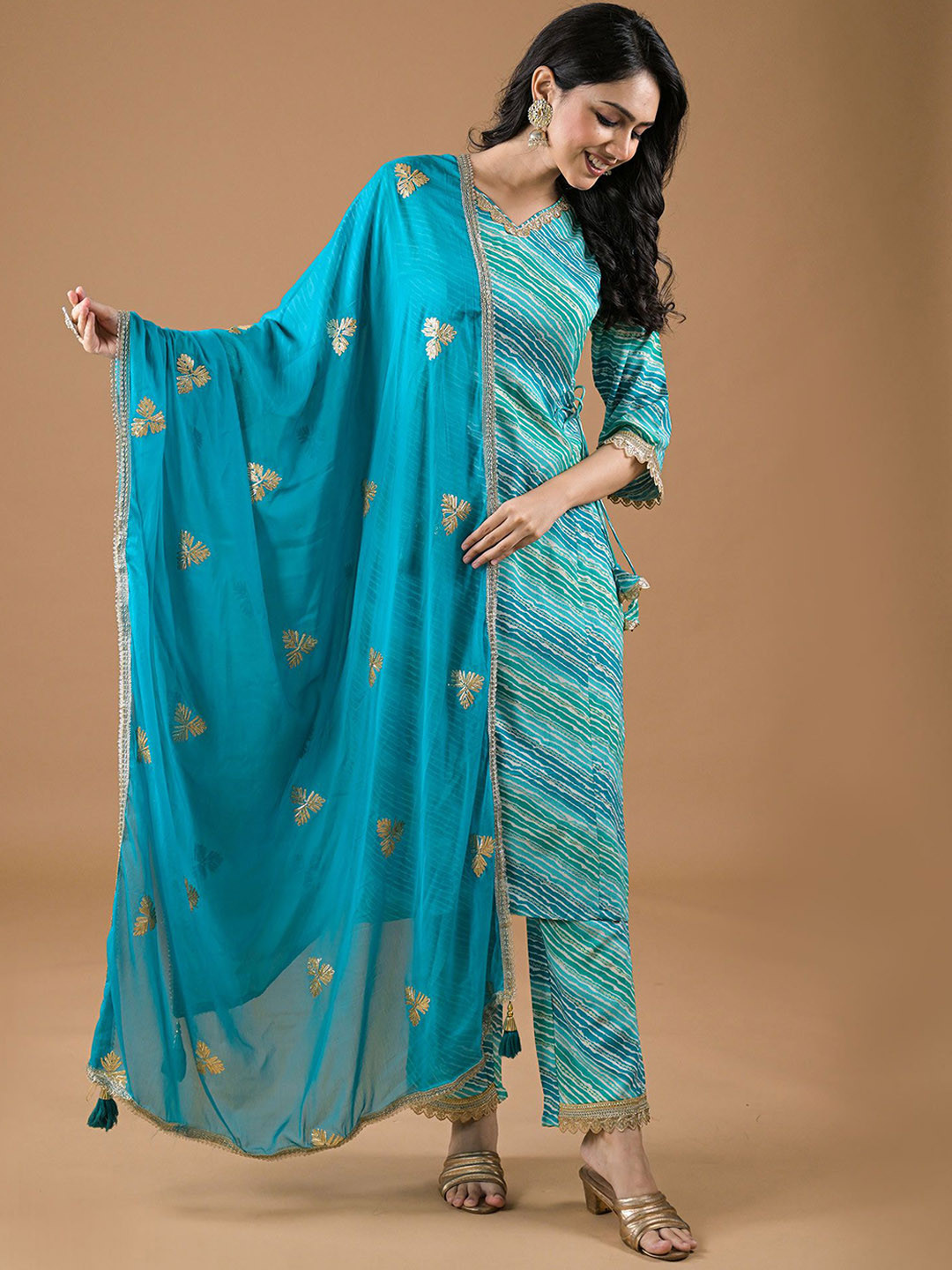

Peachmode V-Neck Leheriya Printed Straight Kurta with Trouser & Dupatta, Turquoise blue