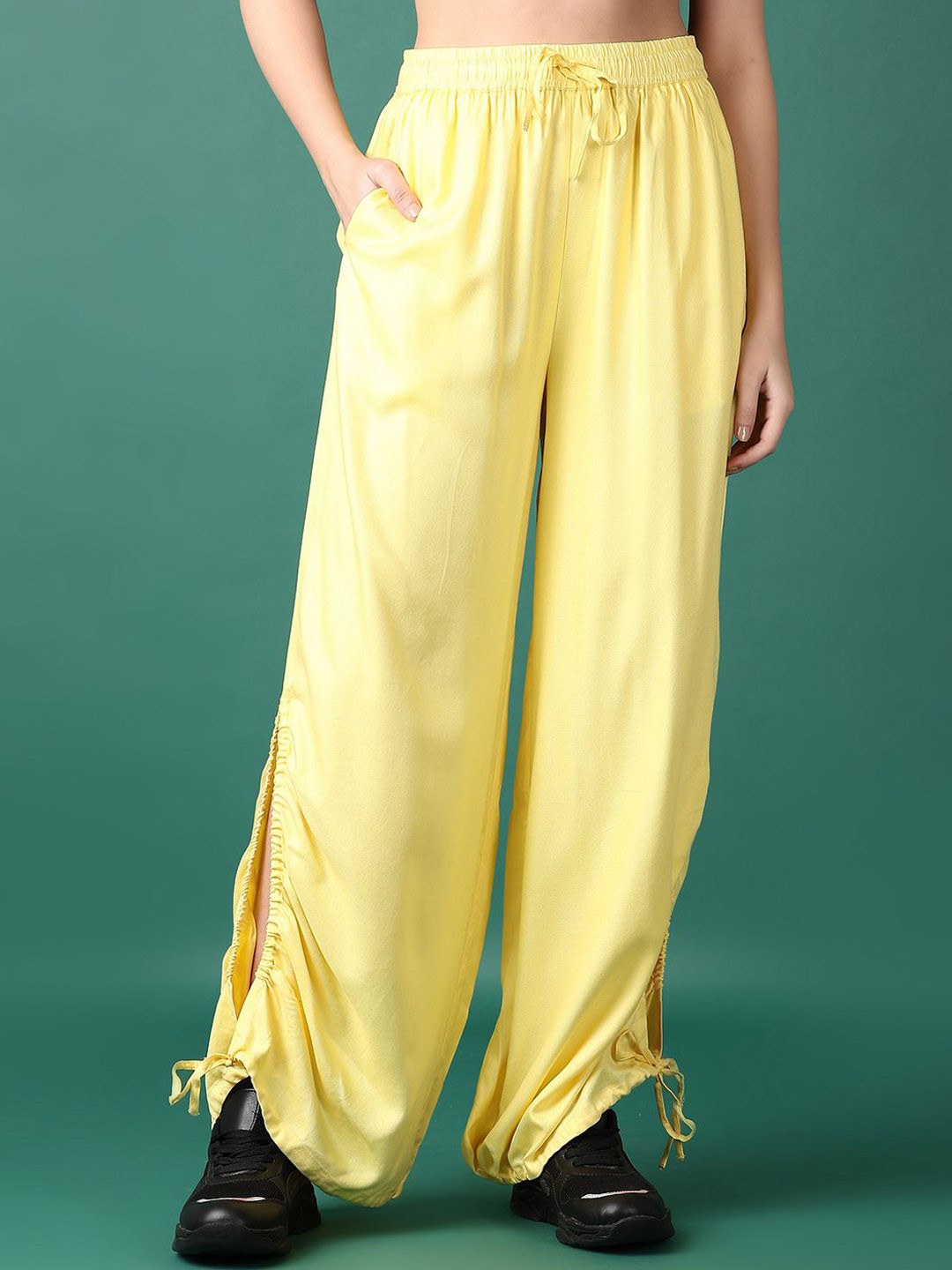 

V-Mart Women Twill Wide Leg Cotton Trouser, Yellow