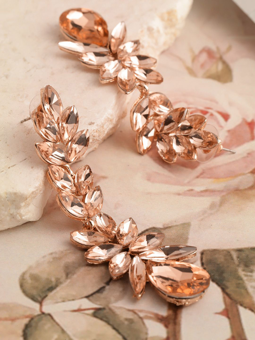 

YouBella Gold-Plated Leaf Shaped Stone Studded Drop Earrings, Peach