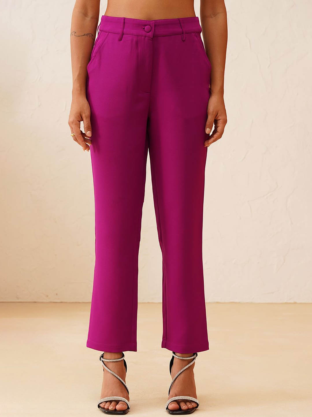 

Beatnik Women Smart Slim Fit High-Rise Trousers, Pink
