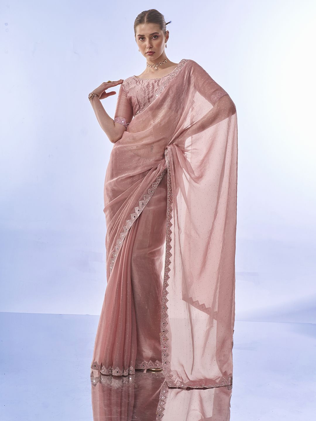 

Mitera Embellished Beads and Stones Organza Ready to Wear Saree, Pink