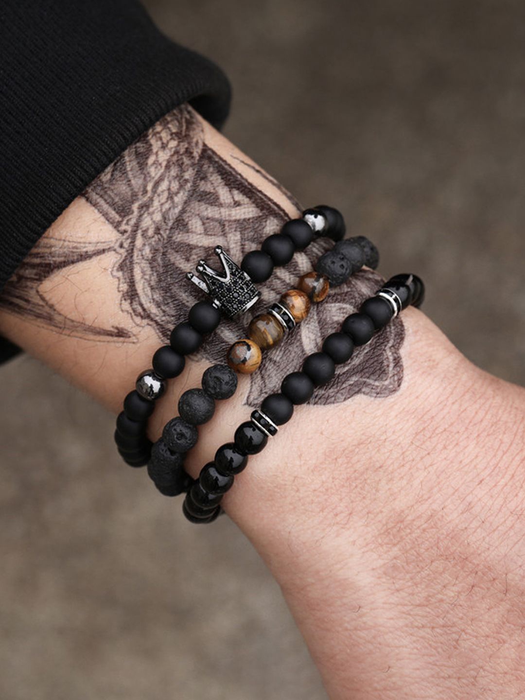 

Designs & You Men Set Of 3 Silver-Plated Beaded Elasticated Bracelet, Black