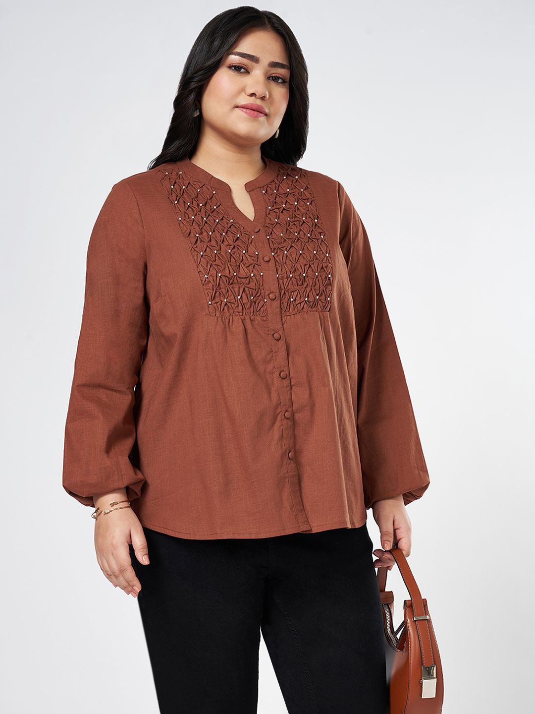 

Honey Curvytude by Pantaloons Women Mandarin Collar Cotton Puff Sleeves Top, Brown