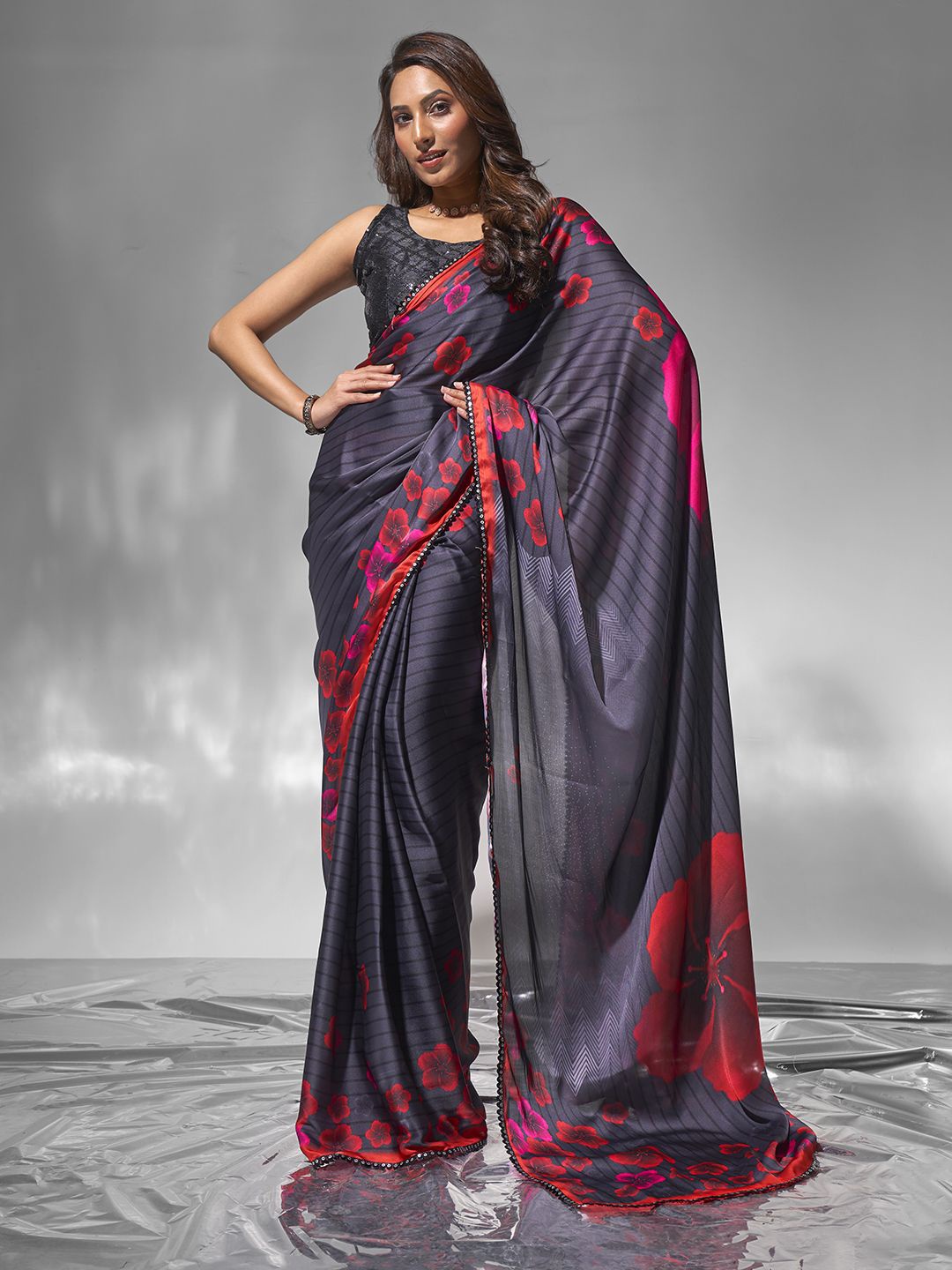 

Mitera Floral Printed Satin Ready to Wear Saree, Black