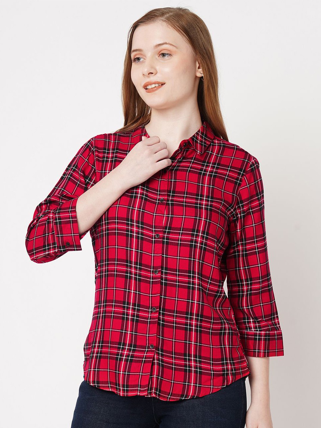 

Kraus Jeans Women Spread Collar Tartan Checked Slim Fit Casual Shirt, Red