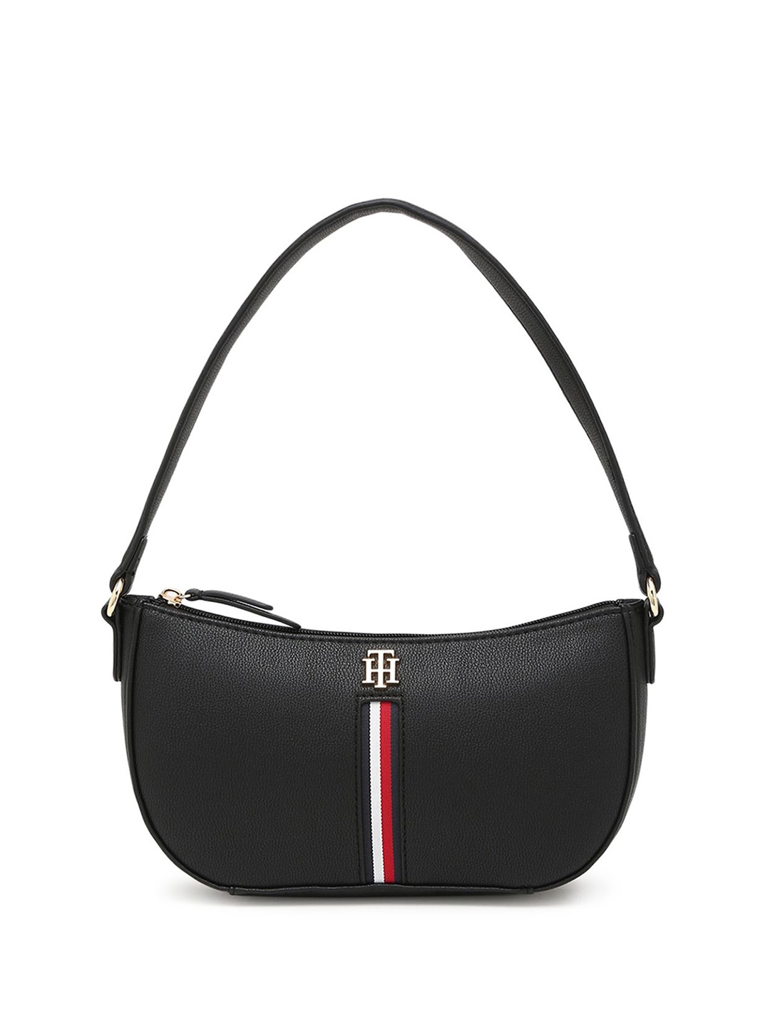 

Tommy Hilfiger Women Brand Logo Printed Half Moon Leather Sling Bag, Black