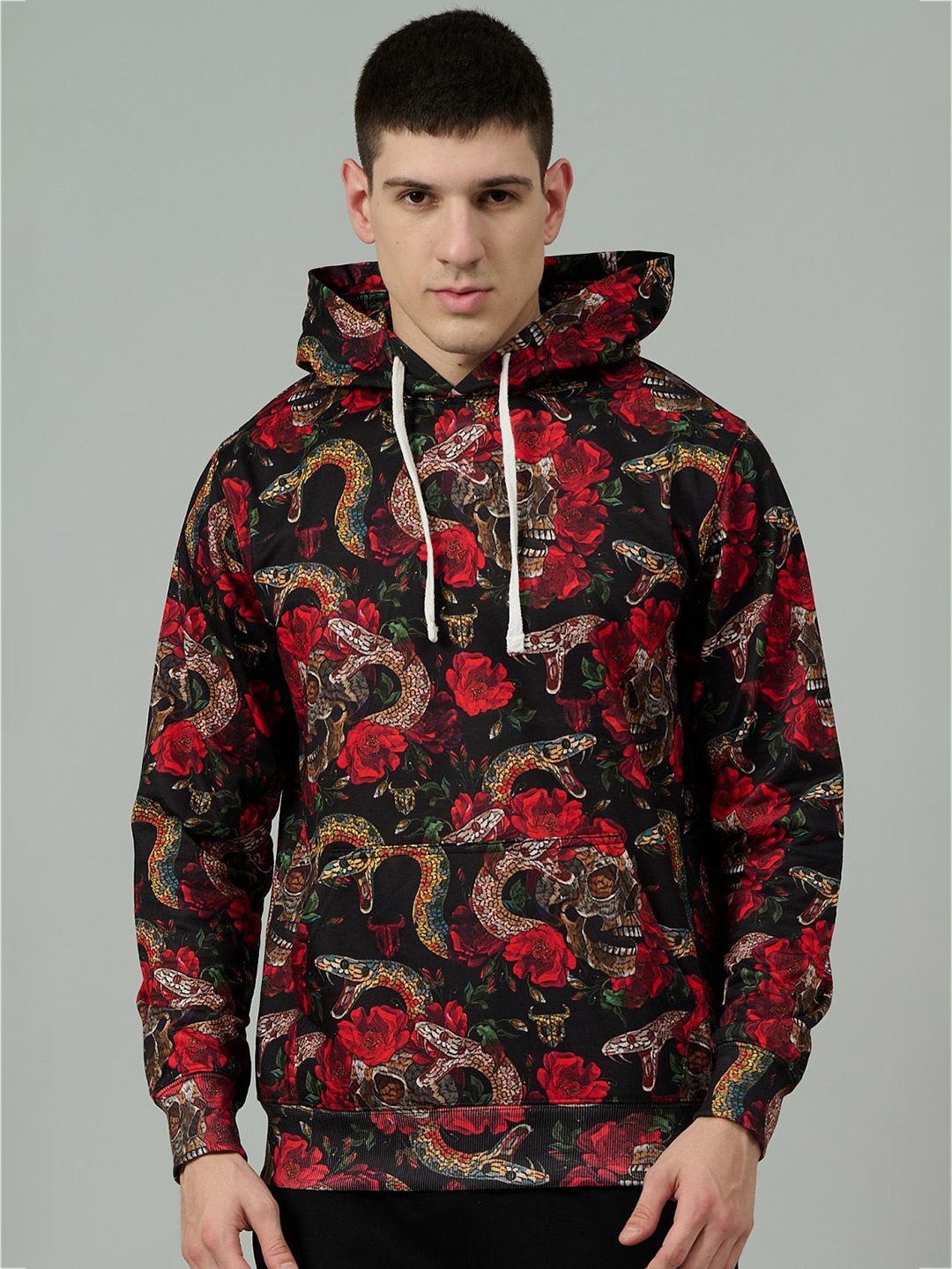 

GO DEVIL Men Floral Printed Hooded Sweatshirt, Black
