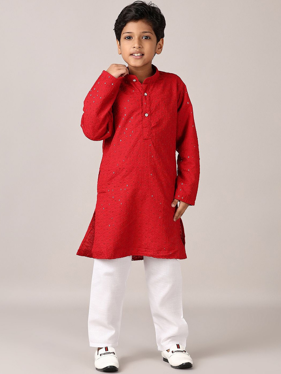 

V-Mart Boys Embroidered Band Collar Sequined Straight Kurta With Pyjamas, Red