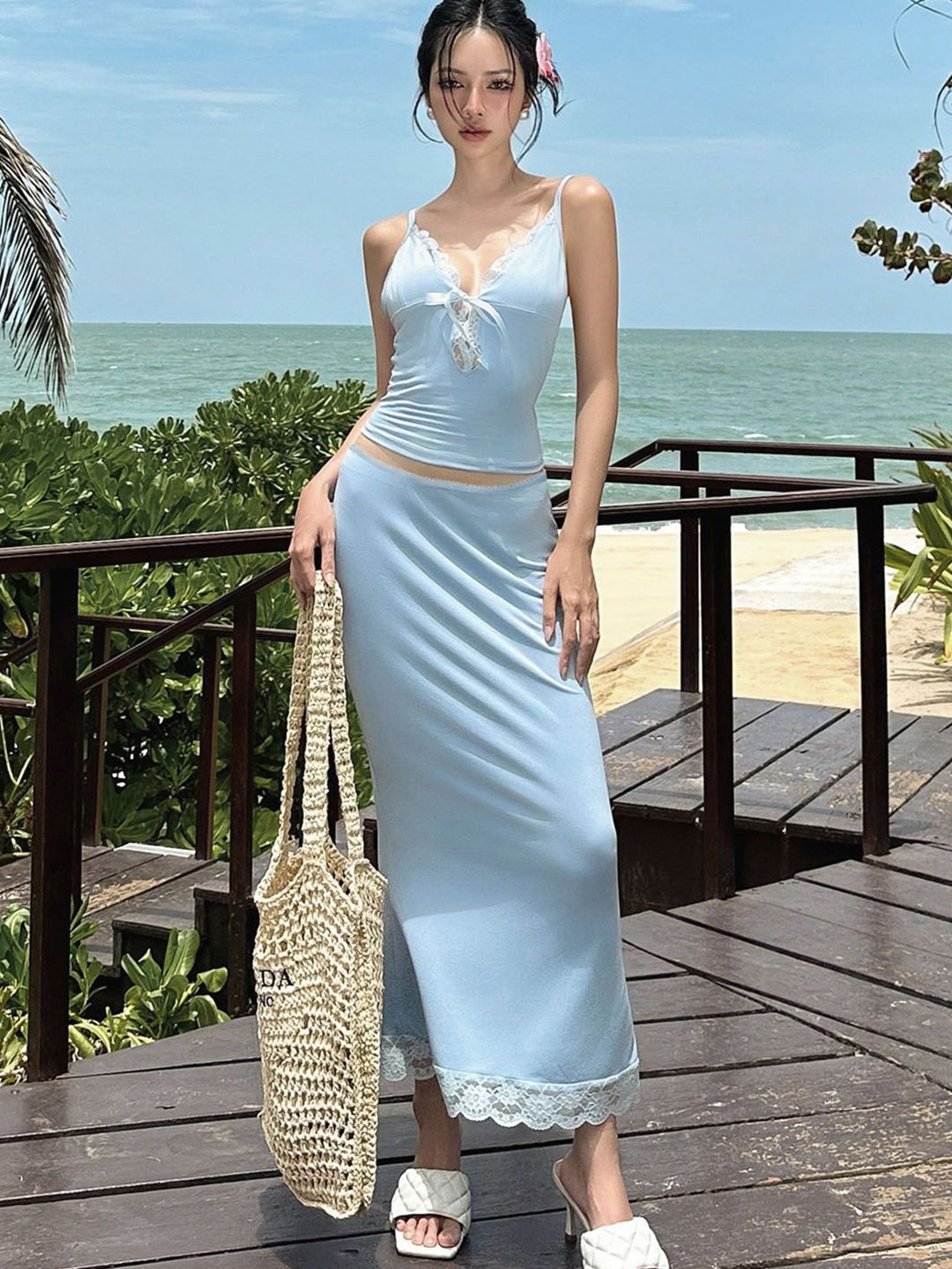 

StyleCast Solid Top & Skirt Co-Ords With Lace up detail, Blue