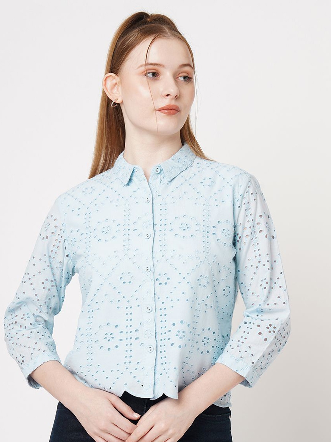 

Kraus Jeans Women Spread Collar Solid Cotton Slim Fit Casual Shirt, Blue