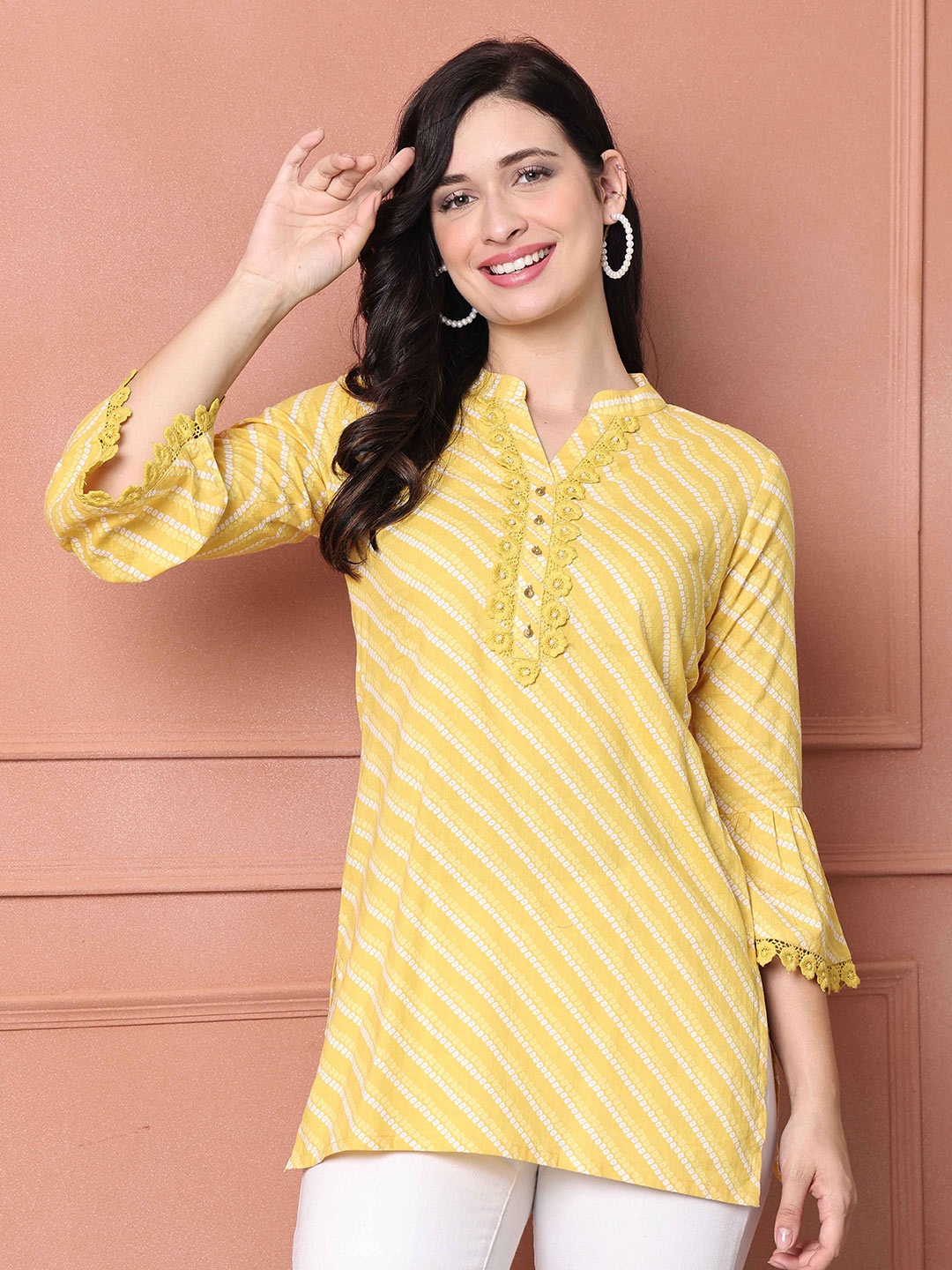 

Rajnandini Women Mandarin Collar Printed Pure Cotton Ethnic Tunic, Yellow