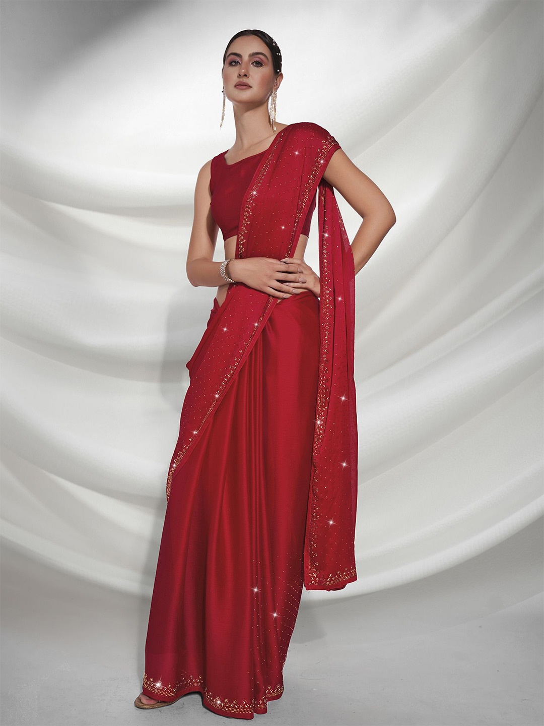 

Mitera Embellished Beads and Stones Satin Ready to Wear Saree, Red