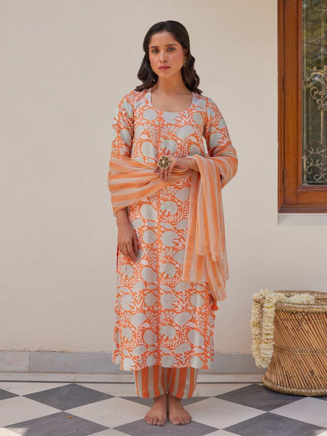 

Kapraaha Floral Printed Straight Sequinned Pure Cotton Kurta with Trousers & Dupatta, Orange