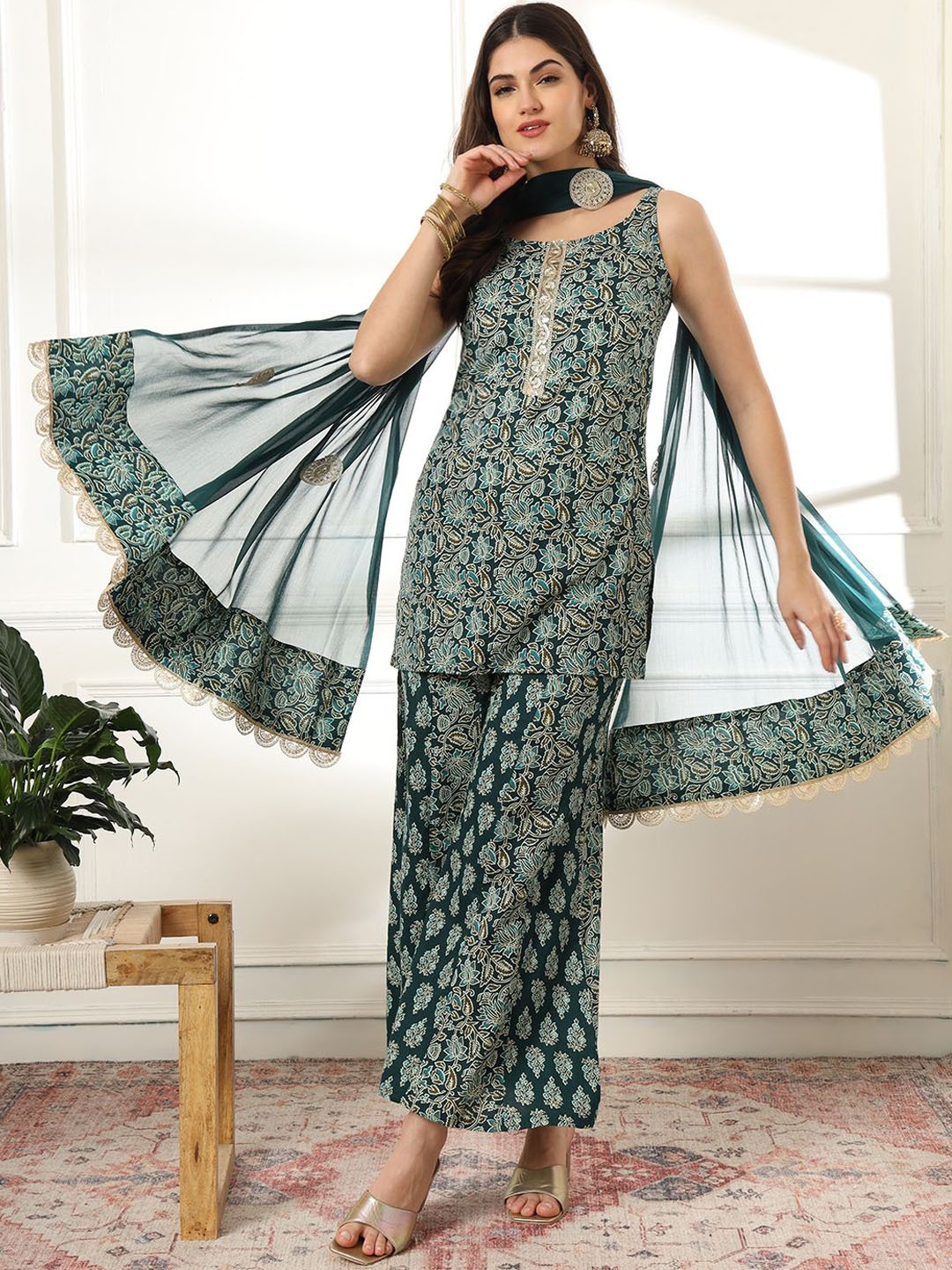

Yufta Floral Printed Sequinned Pure Cotton Straight Kurti with Palazzos & Dupatta, Green