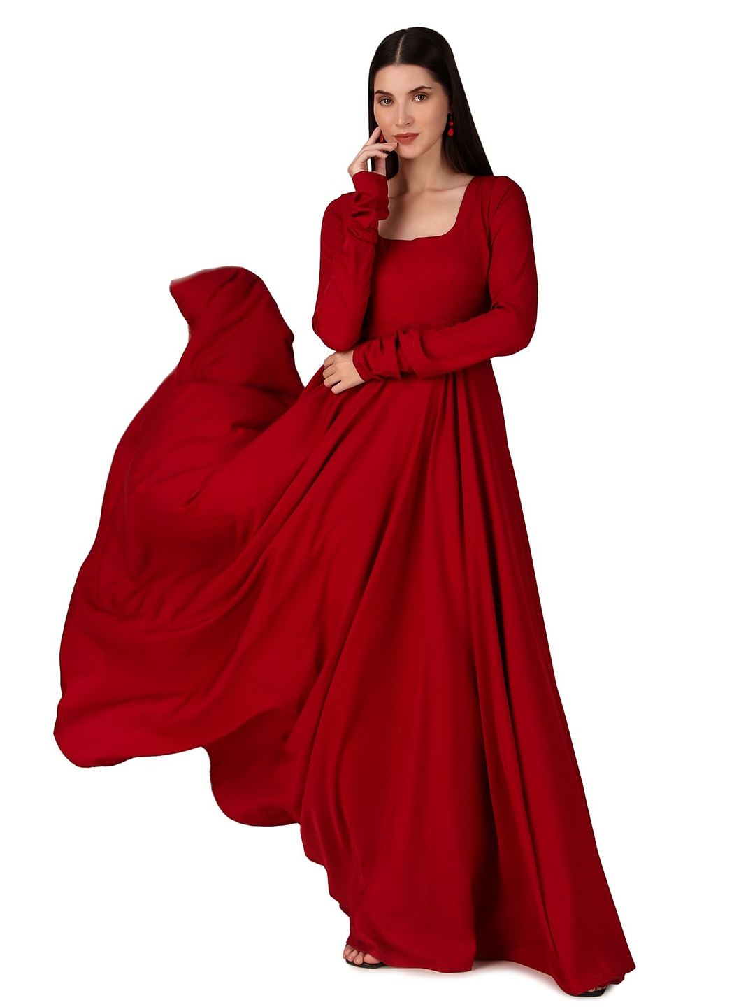 

Magnetism Women Cotton Square Neck Long Sleeves Fit & Flared Maxi Dress, Red