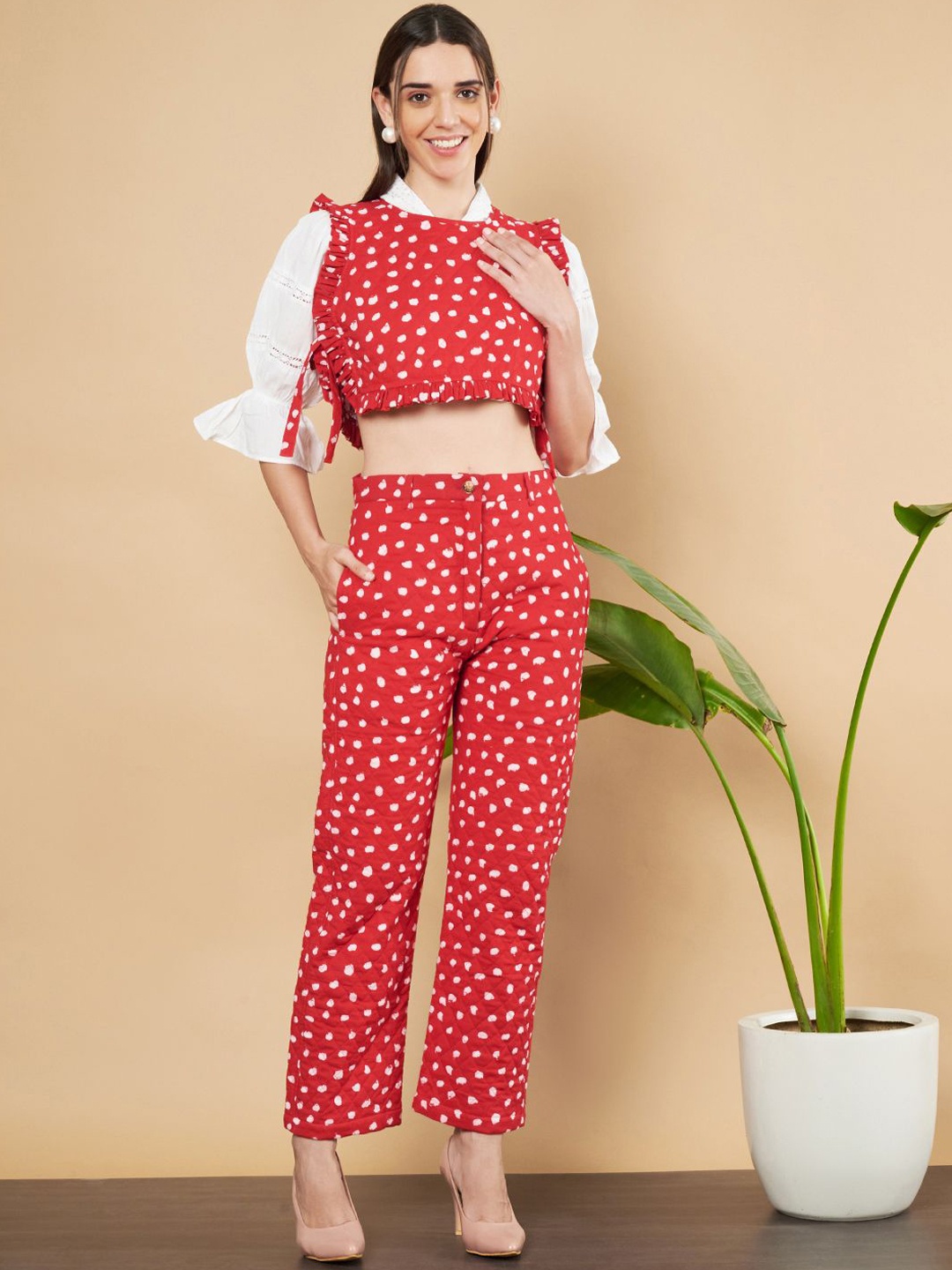 

COTLAND FASHION Printed Pure Cotton Crop Top & Trouser, Red