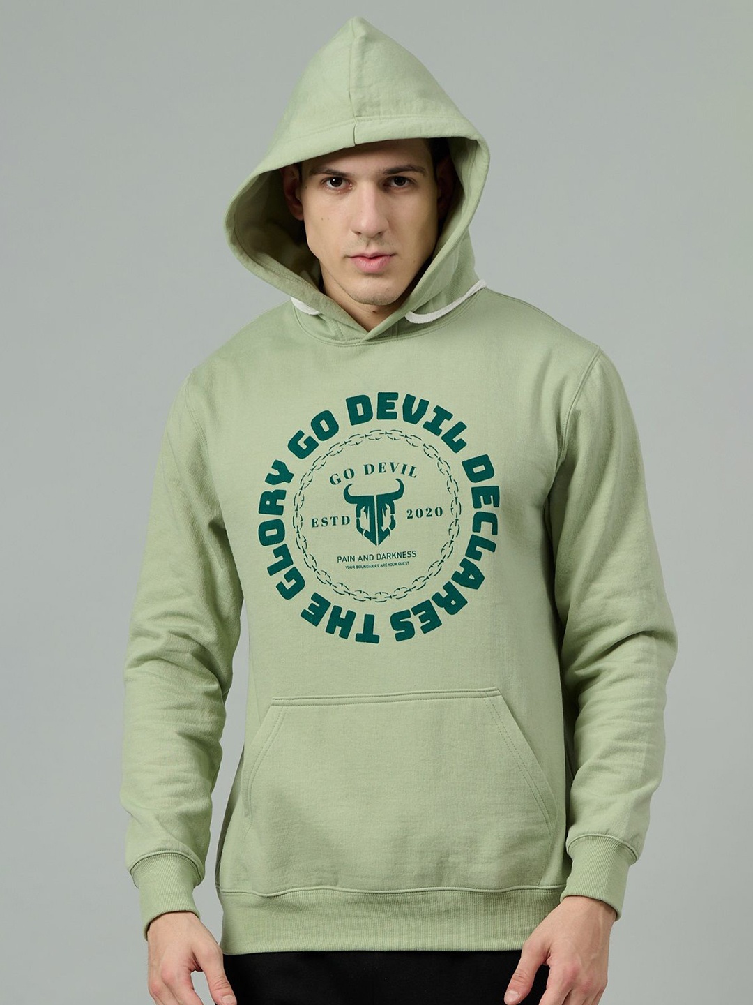 

GO DEVIL Men Brand Logo Printed Hooded Winter Sweatshirt, Sea green