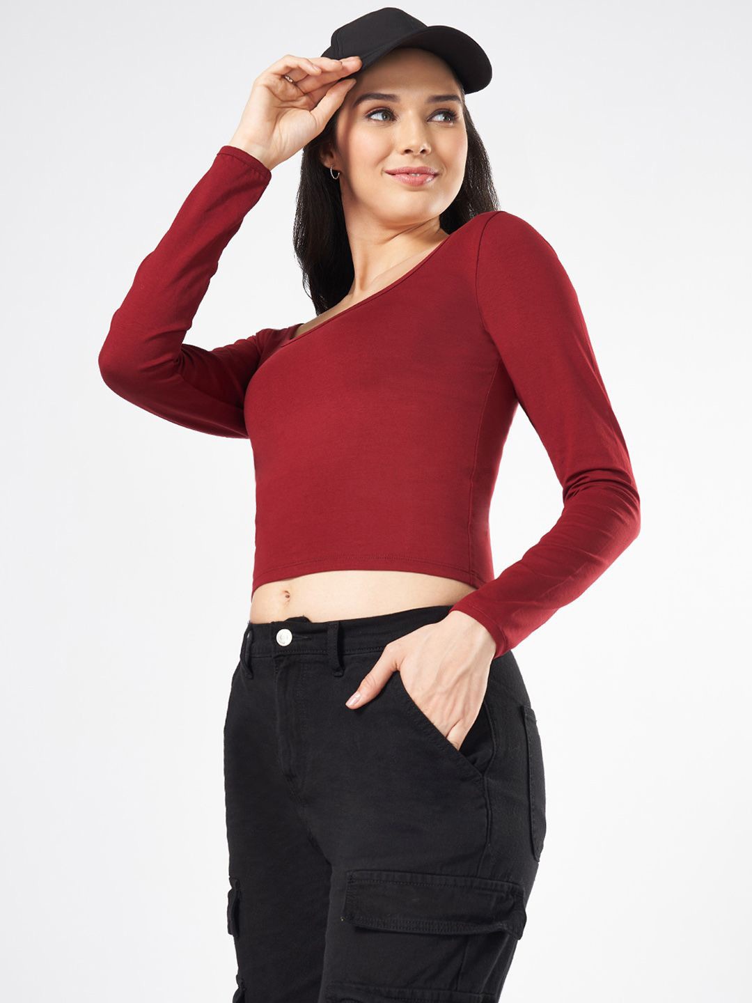 

People Round Neck Cotton Crop Top, Red
