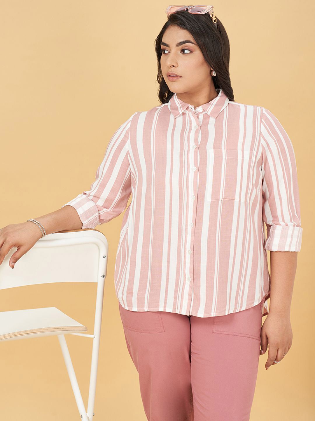 

Honey Curvytude by Pantaloons Women Striped Roll-Up Sleeves Shirt Style Top, Pink