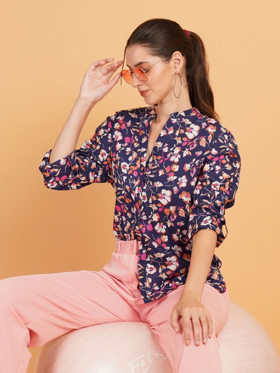 

Mast & Harbour Women Relaxed Mandarin Collar Floral Printed Cotton Oversized Casual Shirt, Navy blue