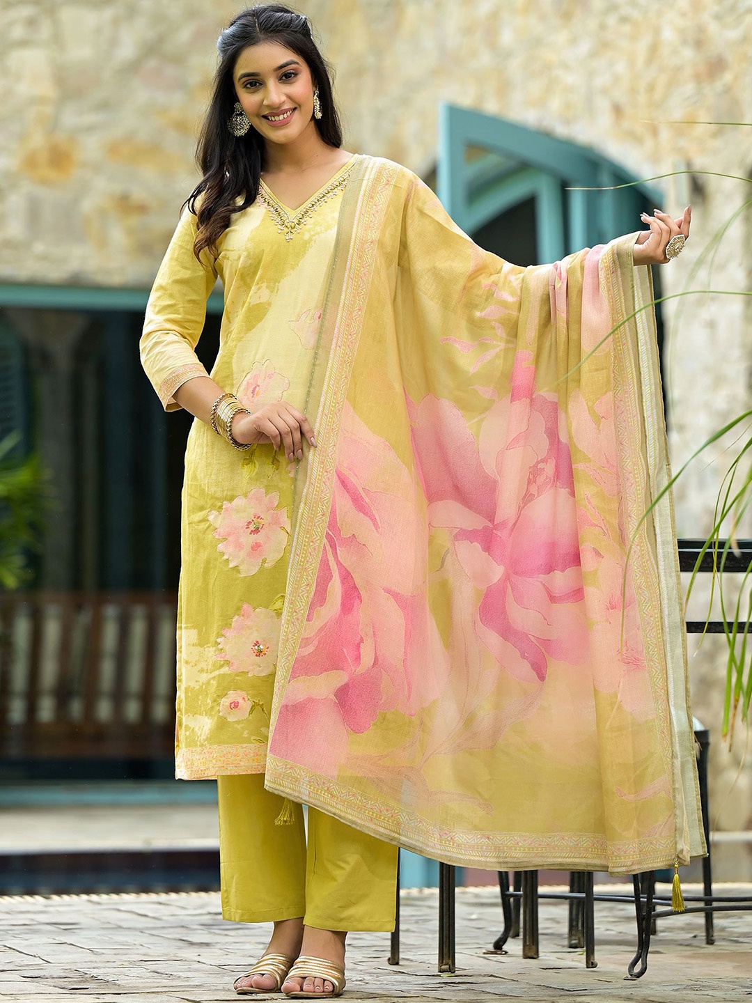 

Peachmode Floral Embroidered Beads and Stones Pure Cotton Kurta with Trouser & Dupatta, Olive