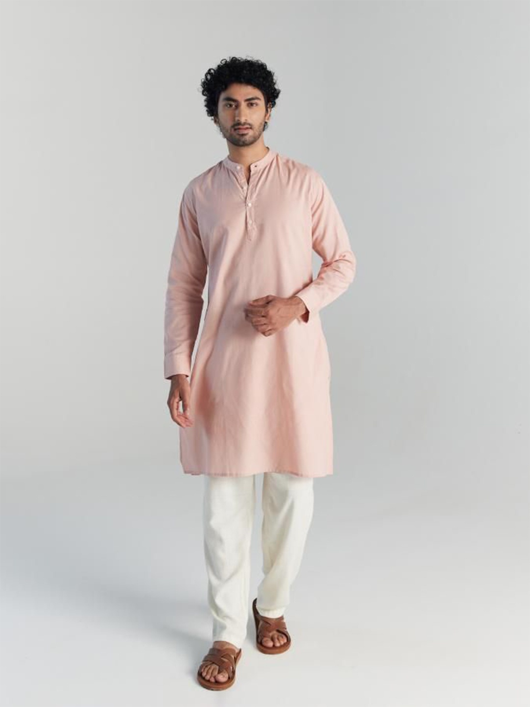 

SAADAA Mandarin Collar Cotton Linen Straight Kurta, Pink