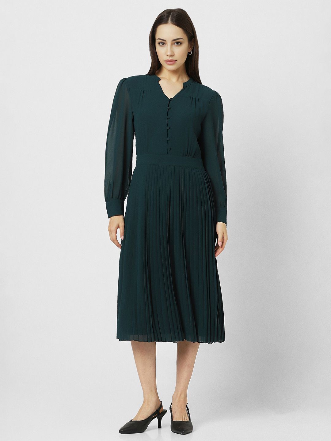 

Van Heusen Woman Puff Sleeve Pleated A-Line Midi Dress, Green