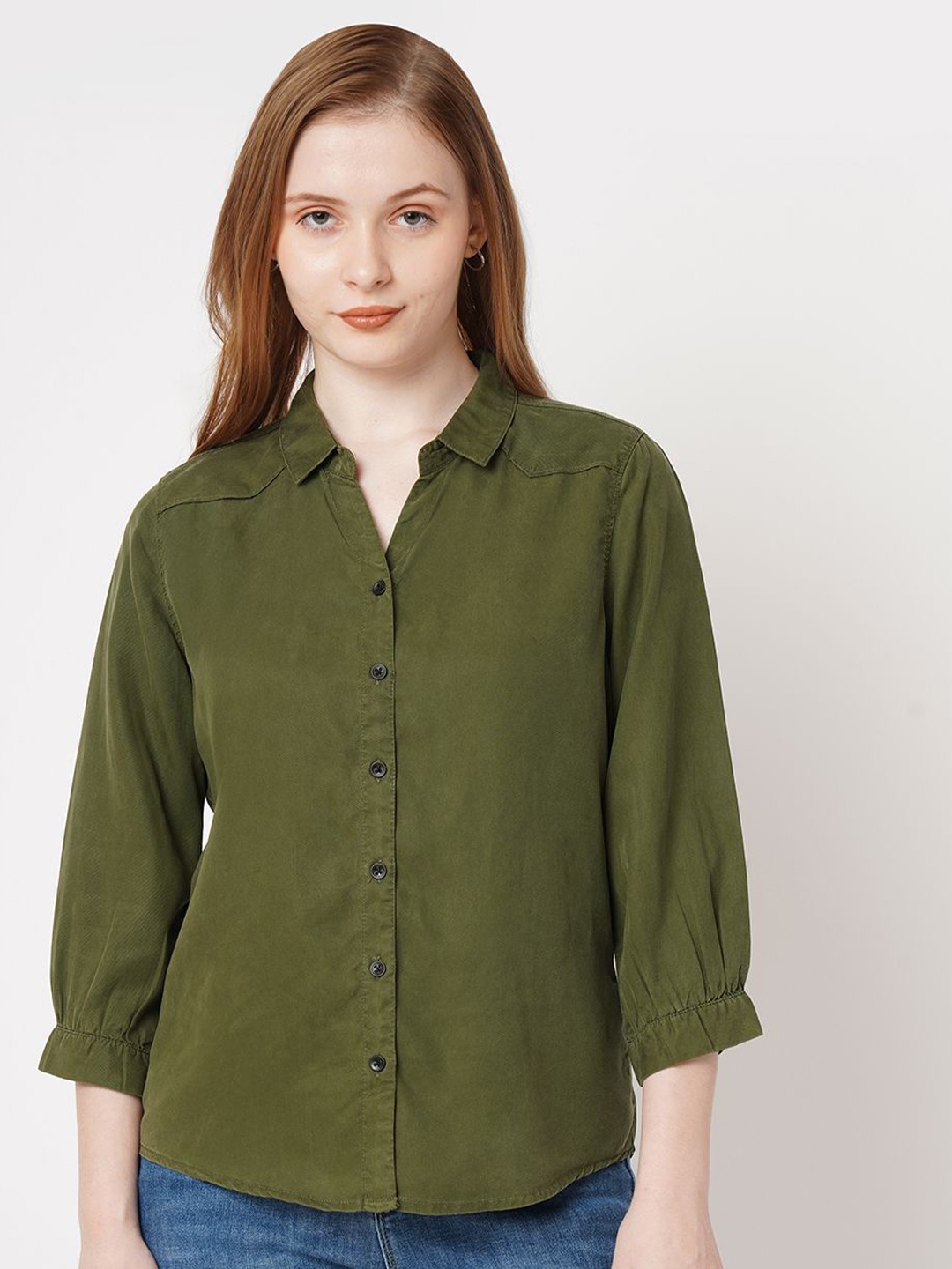 

Kraus Jeans Women Spread Collar Solid Cotton Slim Fit Casual Shirt, Olive
