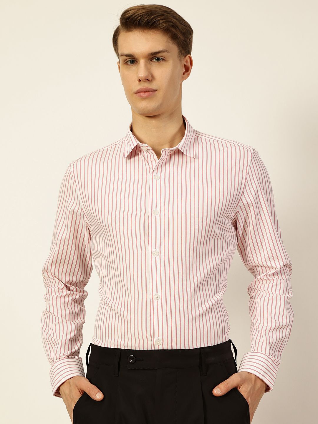 

INVICTUS Men Original Spread Collar Vertical Striped Cotton Slim Fit Formal Shirt, White