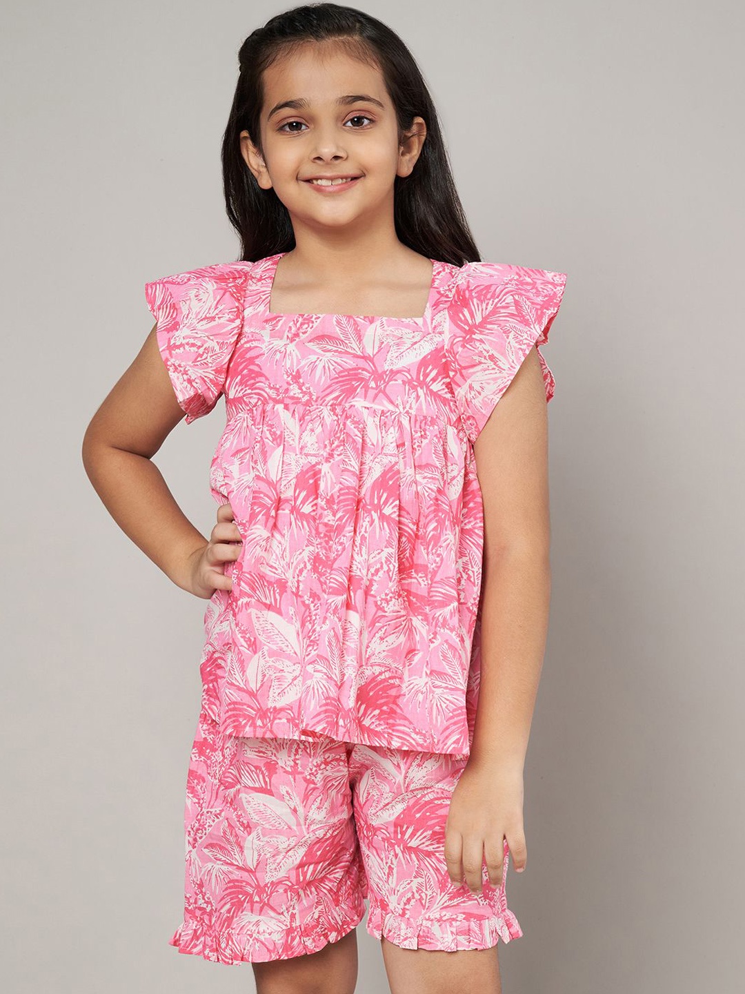 

FABRIC FITOOR Printed Pure Cotton Top With Shorts, Pink