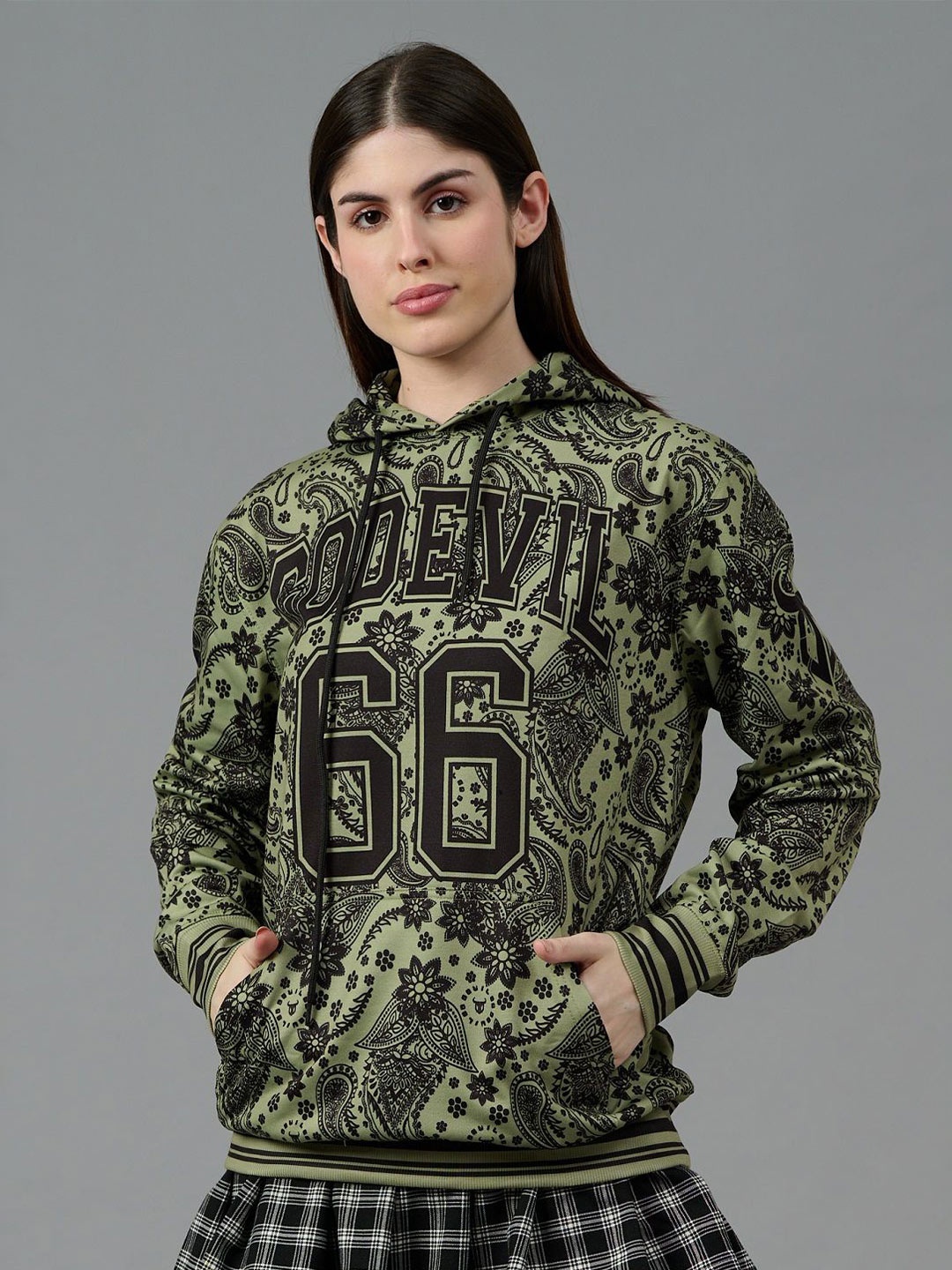 

GO DEVIL Women Alphanumeric Printed Hooded Sweatshirt, Olive