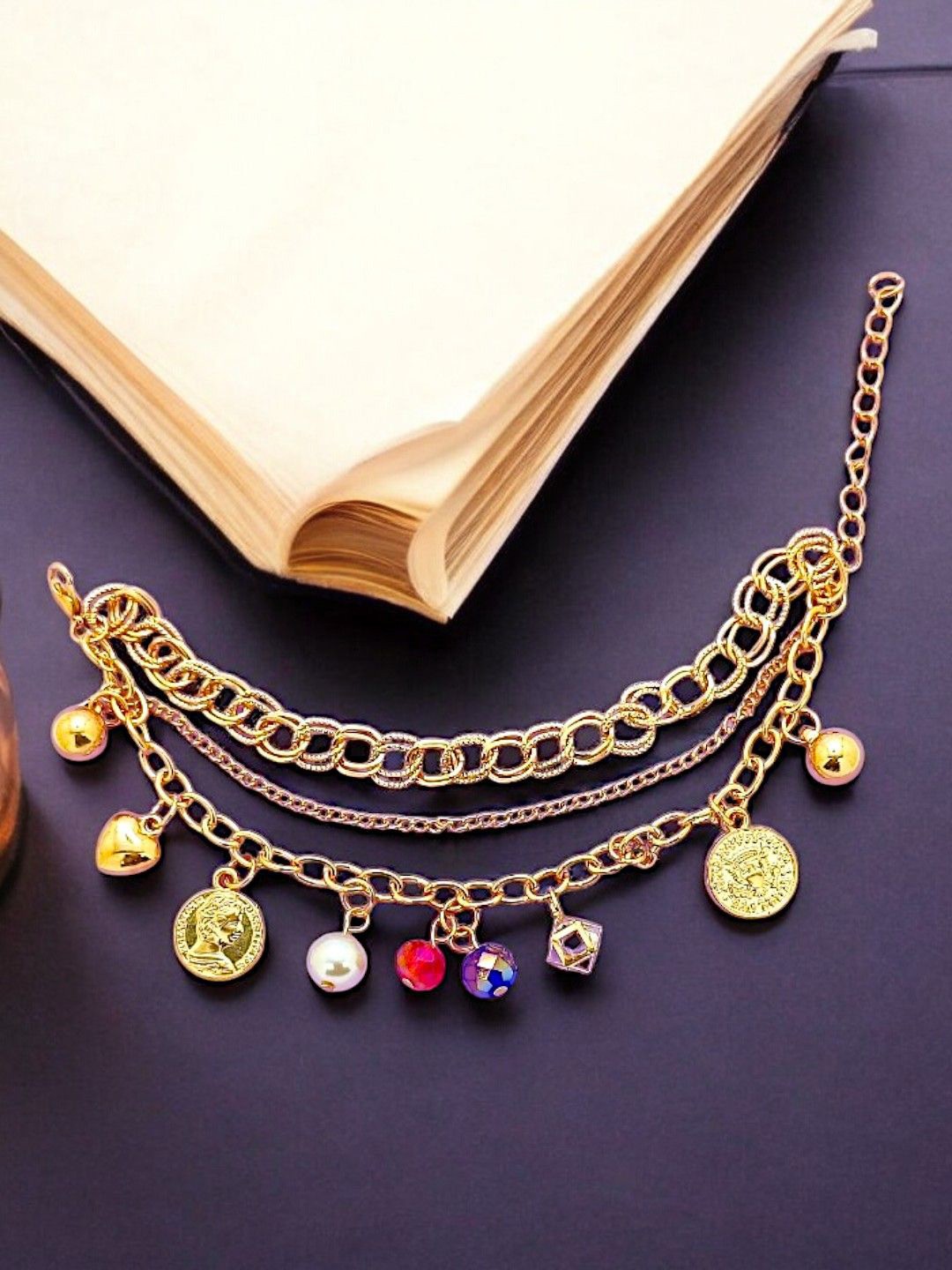 

9blings Gold-Plated Beaded Layered Charm Bracelet