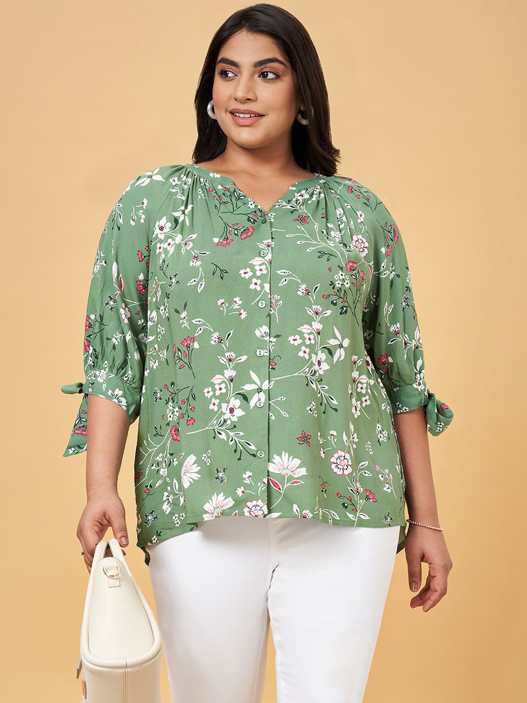 

Honey Curvytude by Pantaloons Women Plus Size Floral Print Mandarin Collar Top, Olive