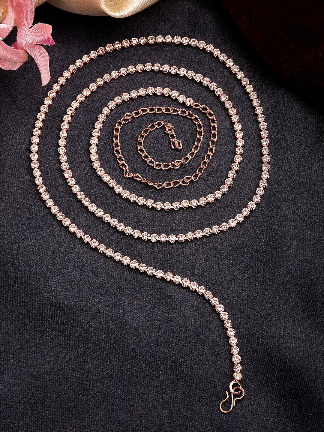 

NVR Rose Gold-Plated Cubic Zirconia Studded Waist Chain Saree Accessories