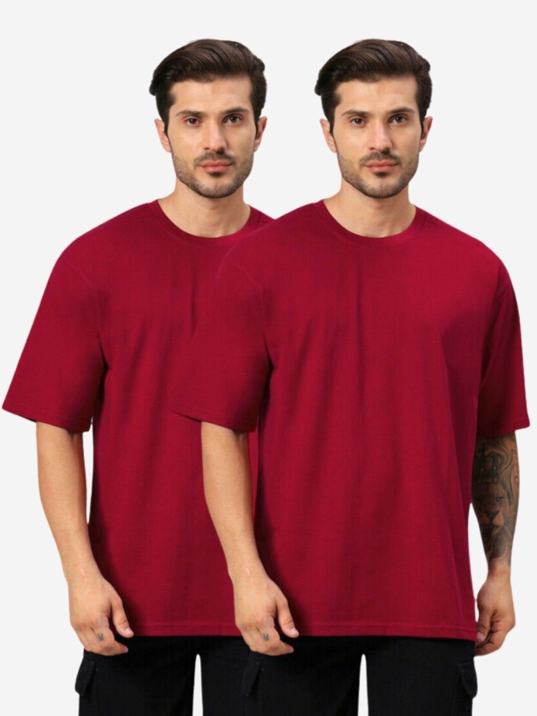 

URBANICE Men Pack Of 2 Solid Round Neck Cotton Oversized T-shirts, Maroon