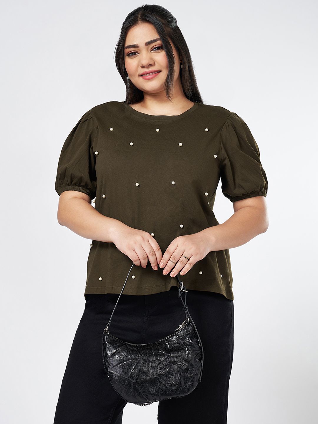 

Honey Curvytude by Pantaloons Women Embellished Print Puff Sleeve Cotton Top, Olive