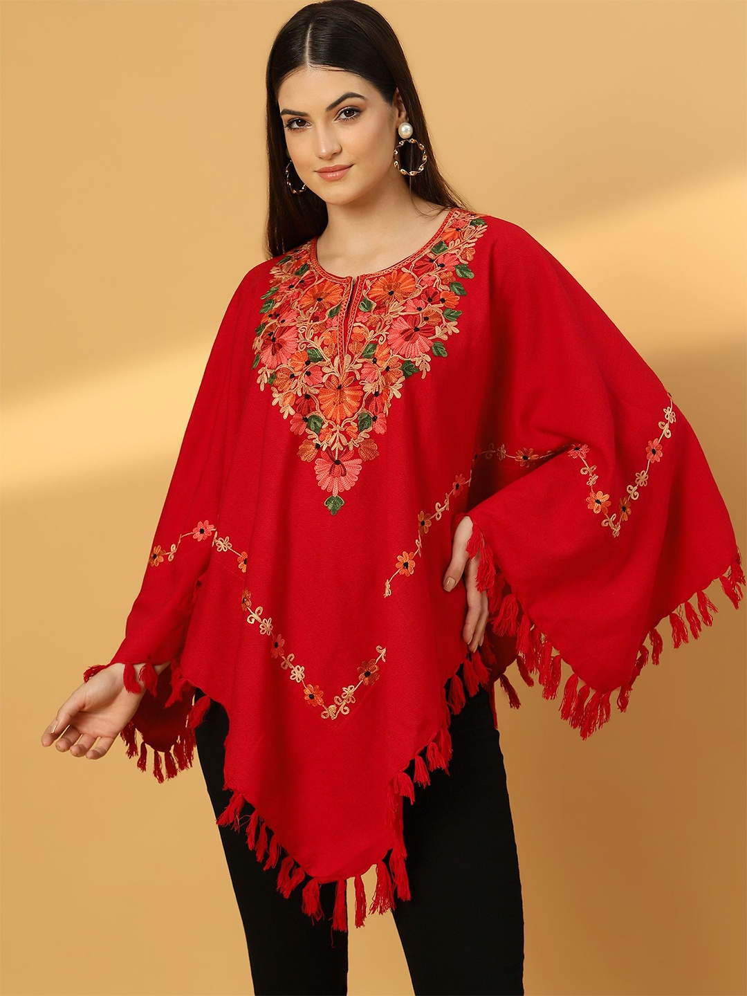

Zamour Women Embroidered Poncho with Embroidered Detail, Red