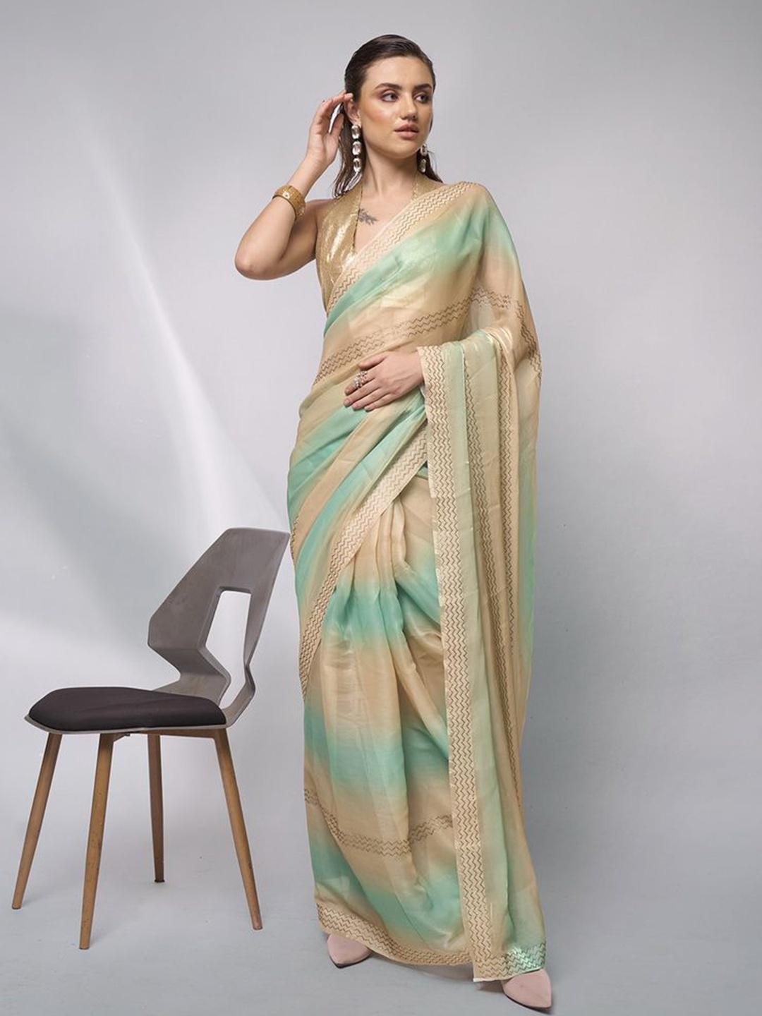 

Mitera Embellished Beads and Stones Organza Saree, Beige