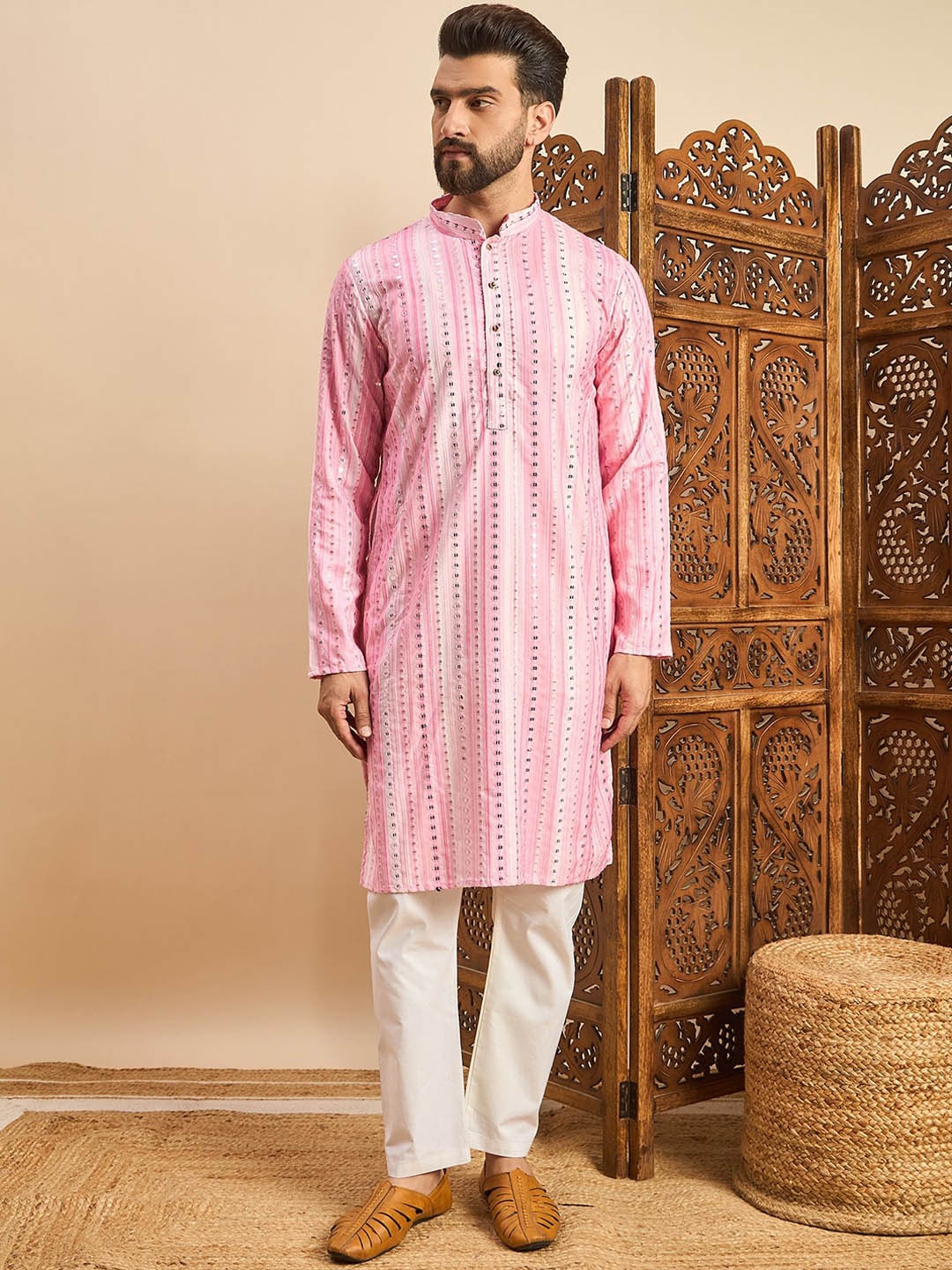 

House of Pataudi Pink Geometric Embroidered Mandarin Collar Long Sleeve Mirror Work Kurta