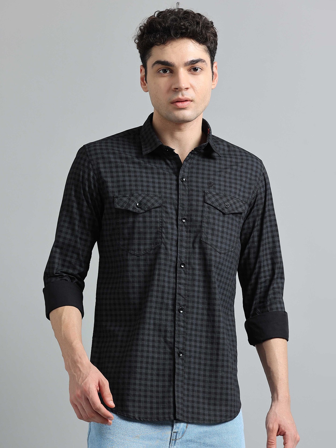 

SORATIA Men Spread Collar Checked Cotton Casual Shirt, Black