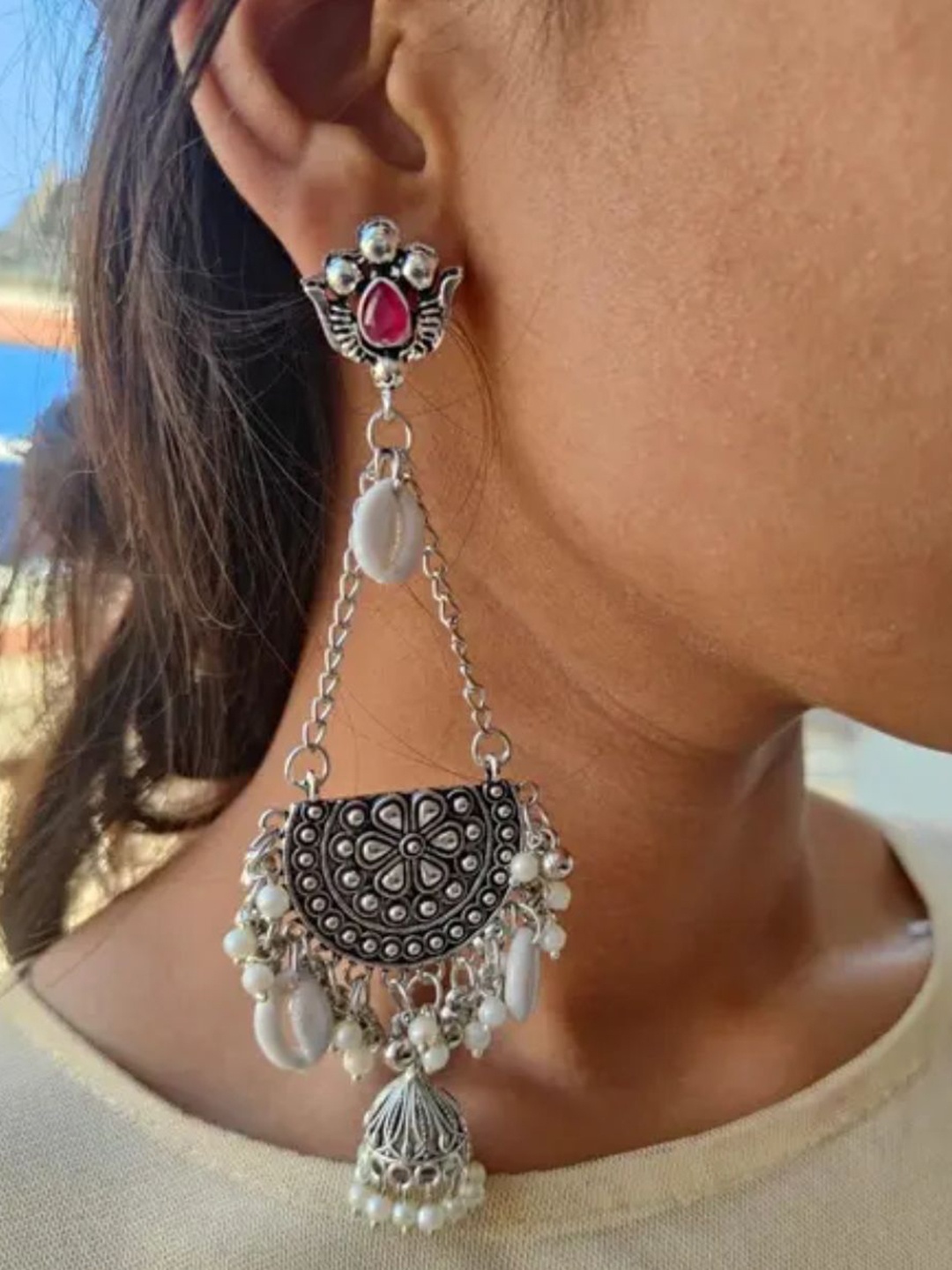 

PRASUB Silver-Plated Oxidised Pearls Beaded & Stone Studded Drop Earrings