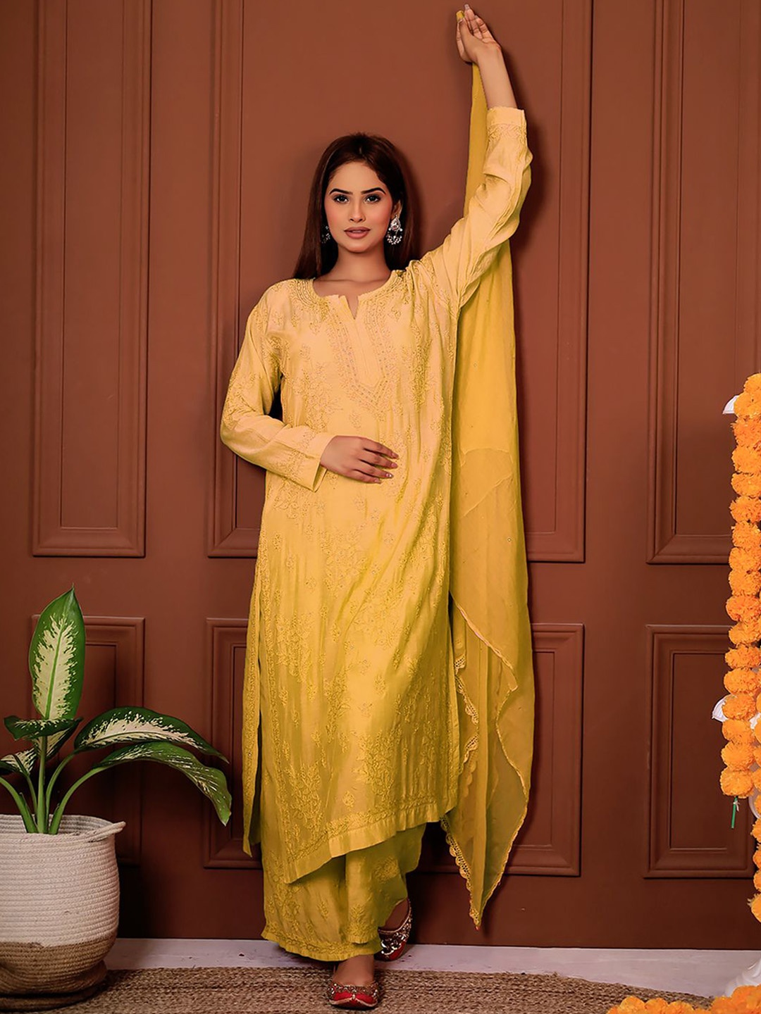 

The Chikan Label Ethnic Motifs Embroidered Chikankari Kurta with Palazzo & Dupatta, Yellow