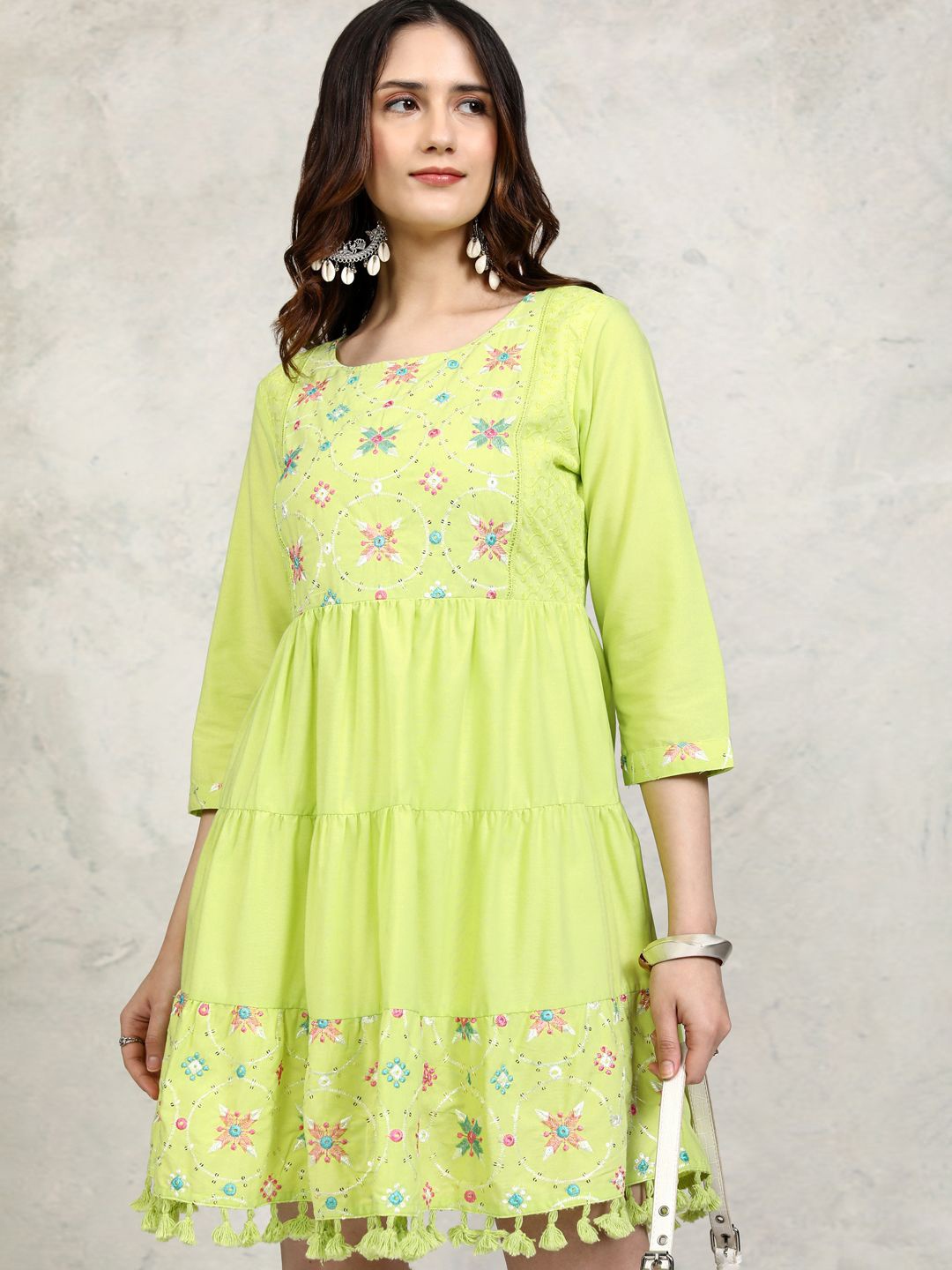 

Vishudh Women Cotton Round Neck Three-Quarter Sleeves Embroidered A-Line Mini Dress, Lime green