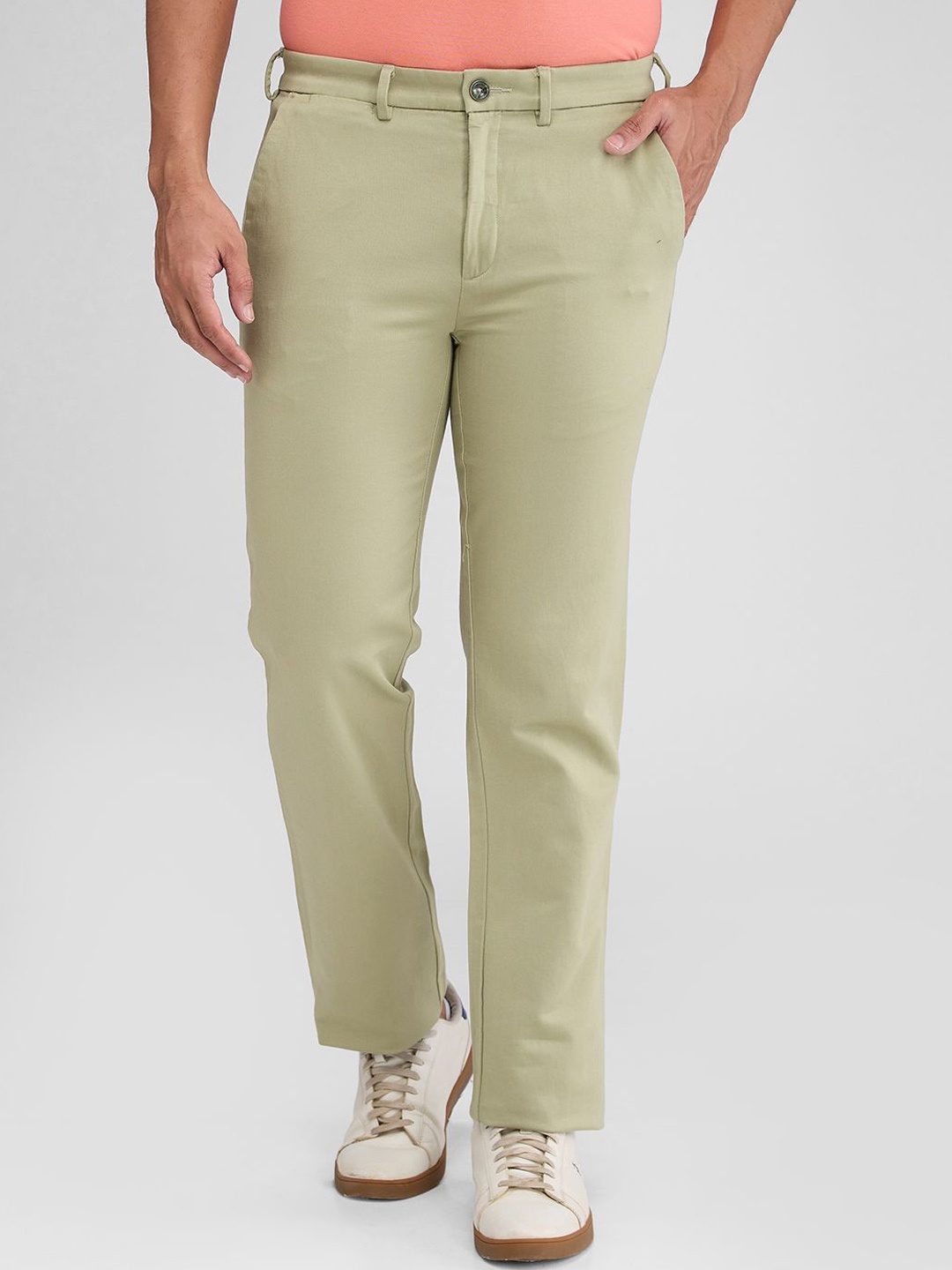 

ColorPlus Men Cotton Regular Fit Mid-Rise Tailored Button Closure Trousers, Green