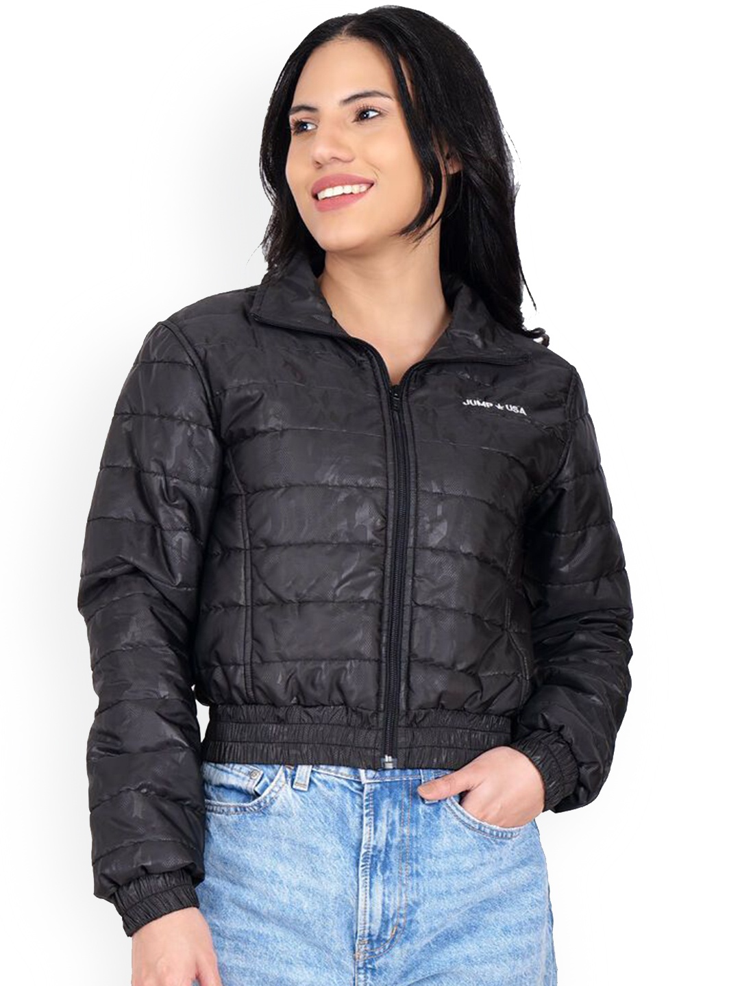 

JUMP USA Women Mock Collar Solid Casual Quilted Jacket, Black