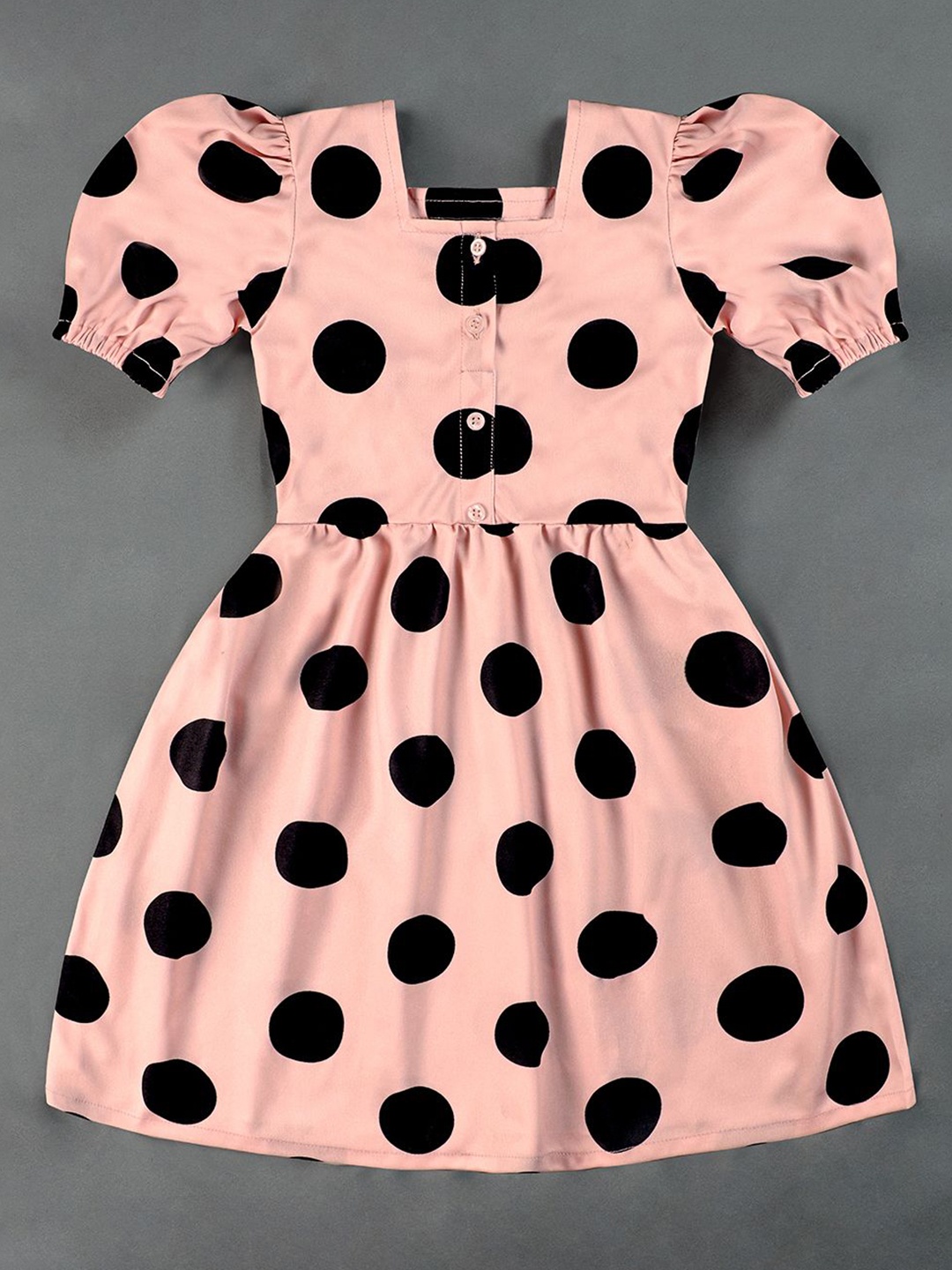 

OMPAX Girls Polka Dot Printed Puff Sleeve Fit & Flare Dress, Peach