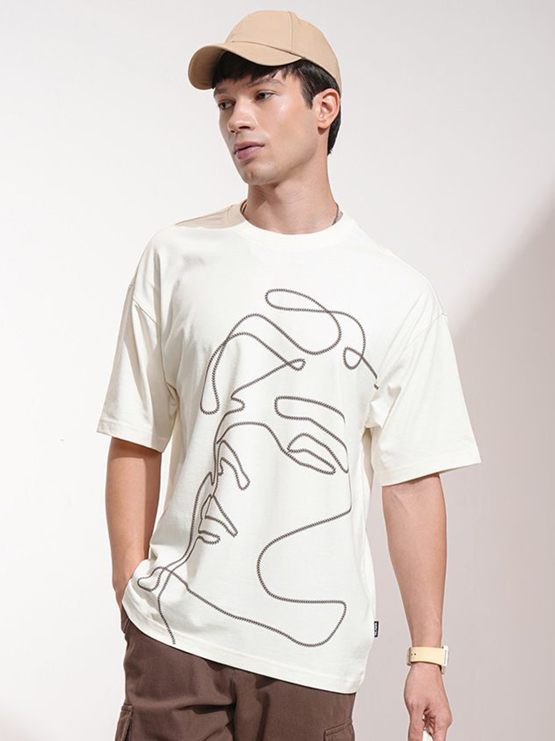 

HIGHLANDER Men Abstract Printed Round Neck Cotton Oversized T-shirt, Off white