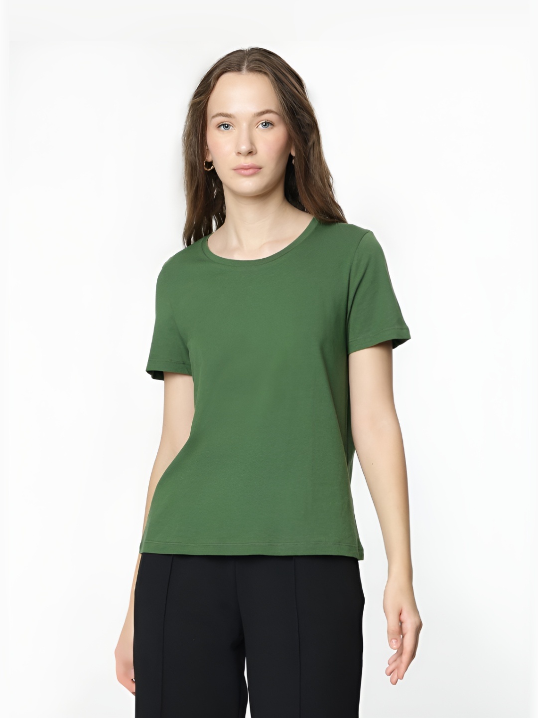 

Marks & Spencer Women Solid Round Neck Cotton T-shirt, Green