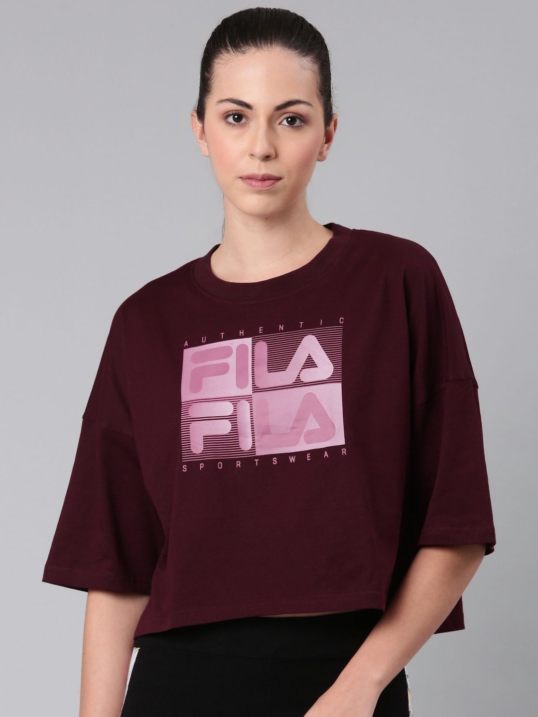 

FILA Women Typography Printed Round Neck Cotton Boxy T-shirt, Maroon