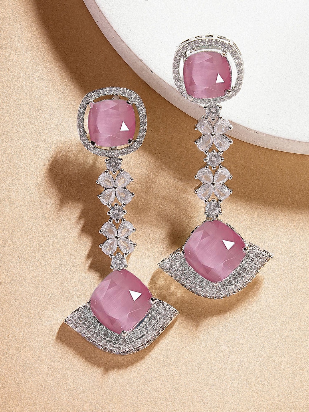 

KARATCART Silver-Plated American Diamond Studded Dazzling Drop Earrings